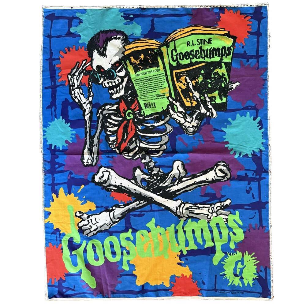 Vtg 90s Goosebumps Curly Skeleton RL Stine Parachute Press Fabric Quilt Panel